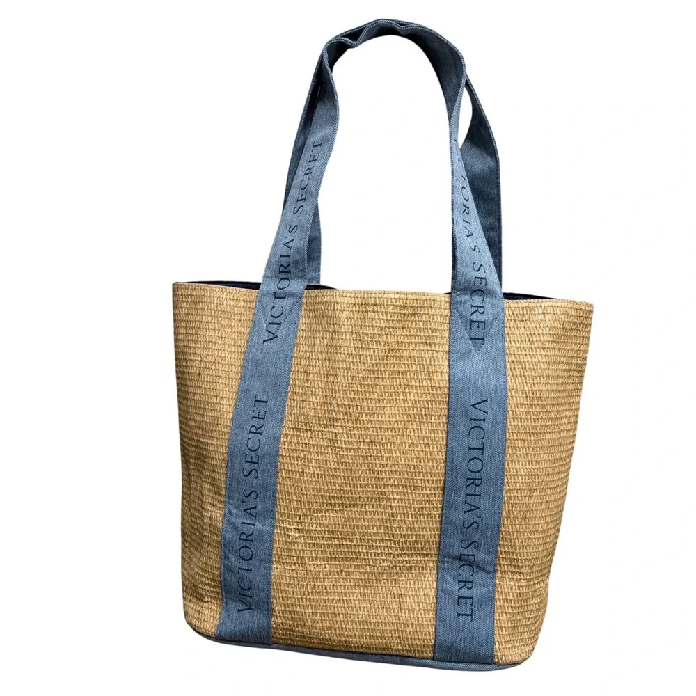 Victoria's Secret Tan Blue Tote Woven Straw Denim Logo Women's OS